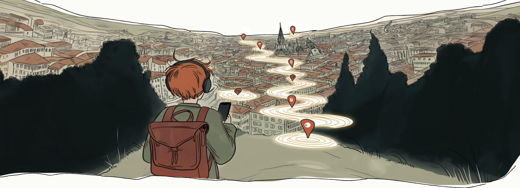 Voice walking guide illustration showing a traveler with map pins across a city landscape